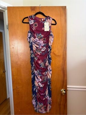 FARM Rio Burgundy and Navy Floral Ruched Maxi Dress with Lavender Accents